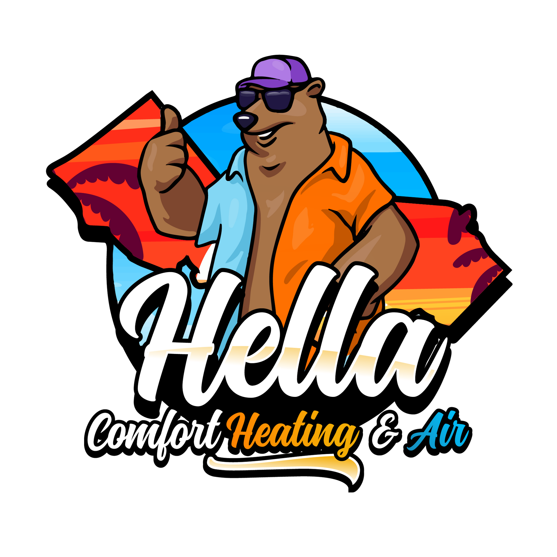Logo for Hella Comfort Heating and Air in Woodland, CA featuring a bear giving a thumbs up and wearing sunglasses