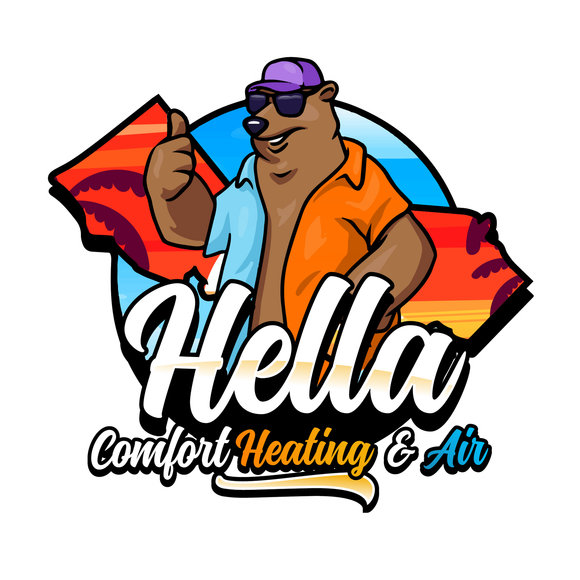 Logo for Hella Comfort Heating and Air in Woodland, CA featuring a bear giving a thumbs up and wearing sunglasses