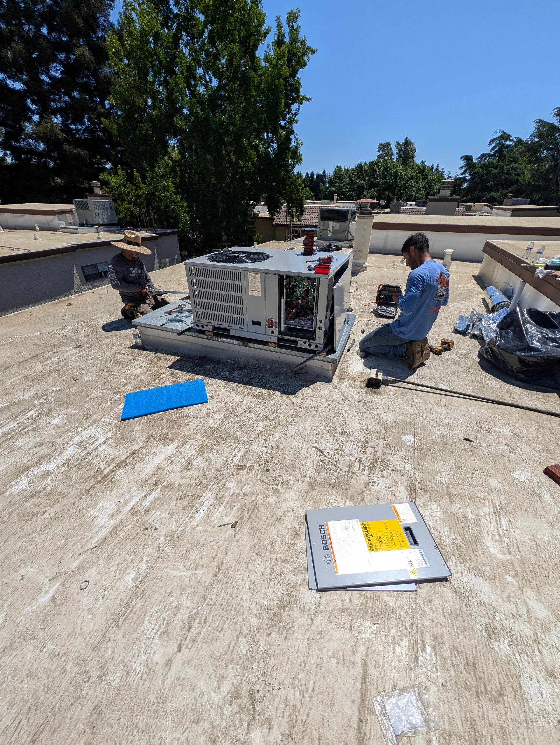 Rooftop AC unit during peak summer in Roseville