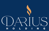 DARIUS HOLDING logo with white text on dark blue background and stylized flame icon in gold.