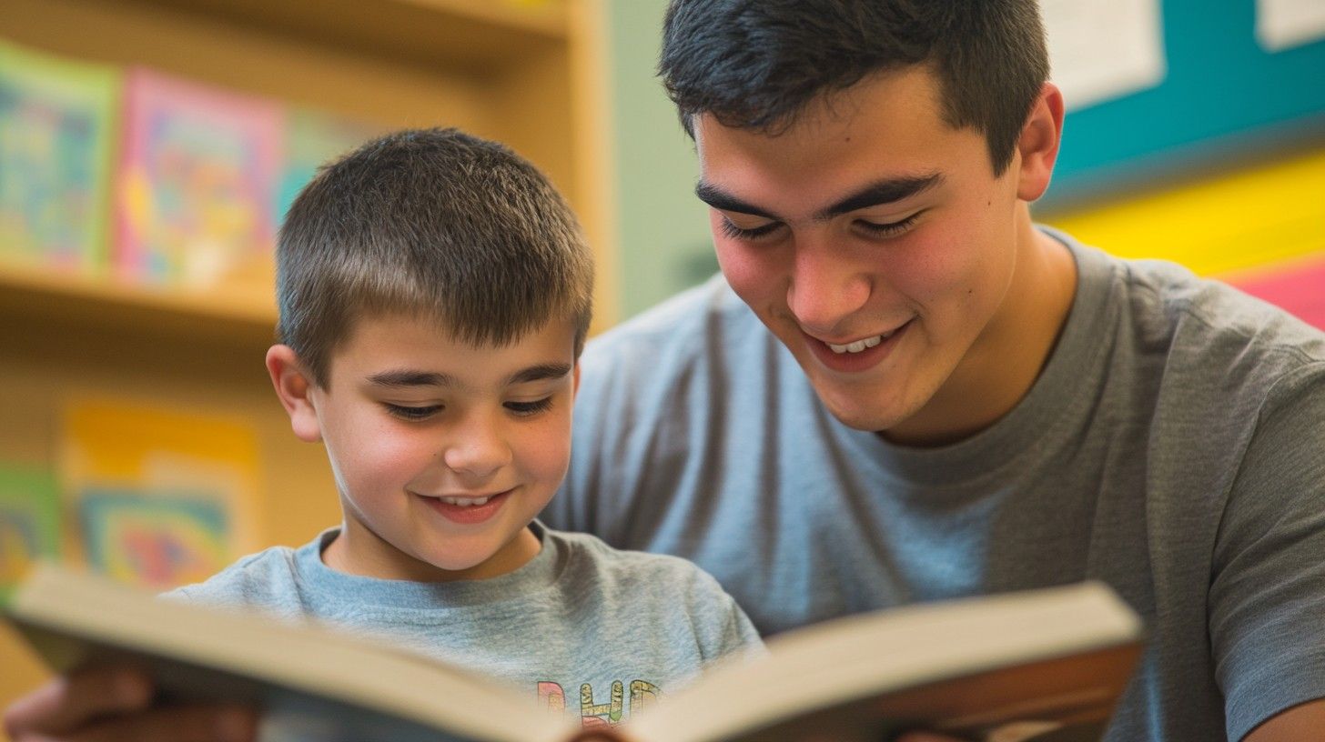 Young Boy with older boy looking at book