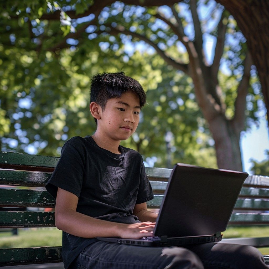 Boy on a bench with a laptop outside under a tree