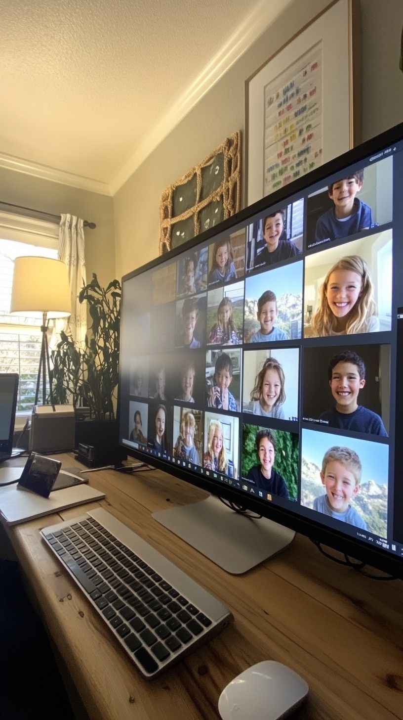Computer showing smiling children while in online learning platform