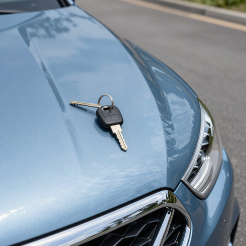 Chiave dell'auto appoggiata sul cofano di un'auto blu vicino alla griglia anteriore