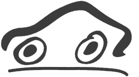 Semplice disegno a linee nere del frontale di un'auto con due fari rotondi.