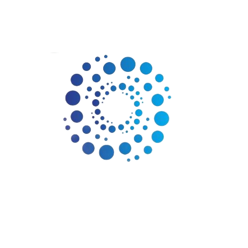 A spiral pattern of dots in varying sizes, transitioning in color from dark blue on the left to light blue on the right.