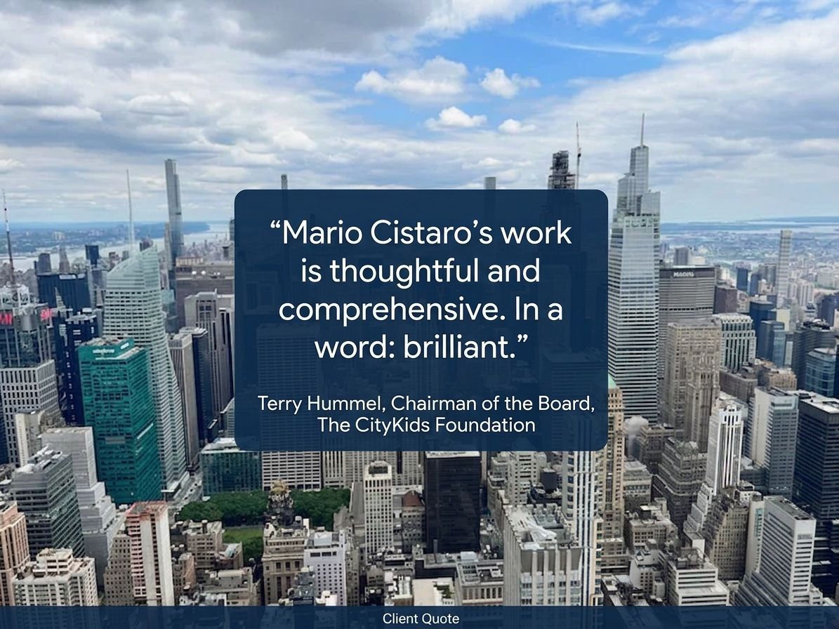 New York City skyline with CityKids's chairman's quote praising Mario Cistaro’s work