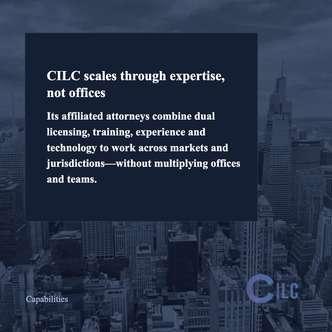 Dark-blue city skyline with a text box: “CILC scales through expertise, not offices.”
