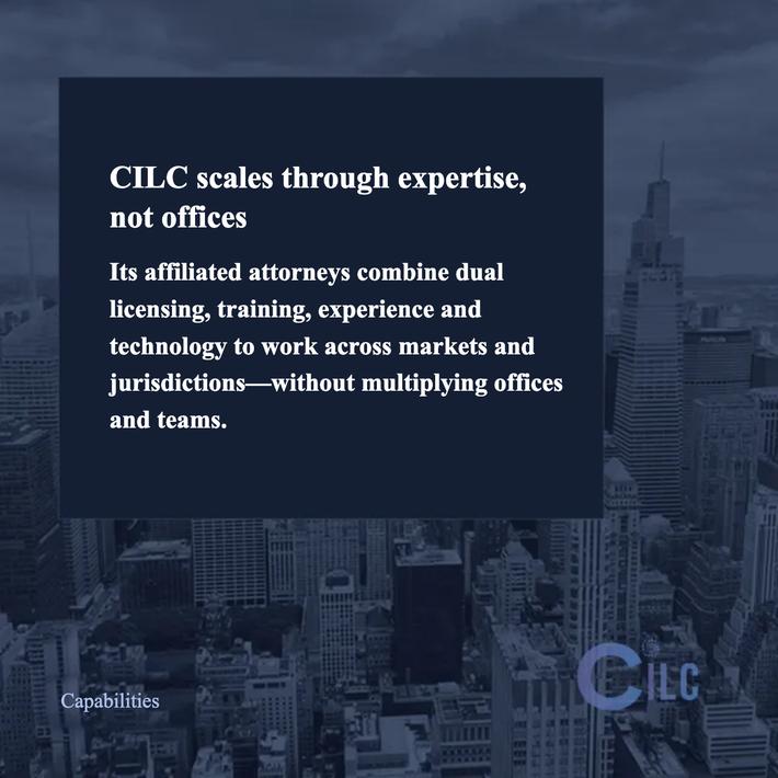 Dark-blue city skyline with a text box: “CILC scales through expertise, not offices.”