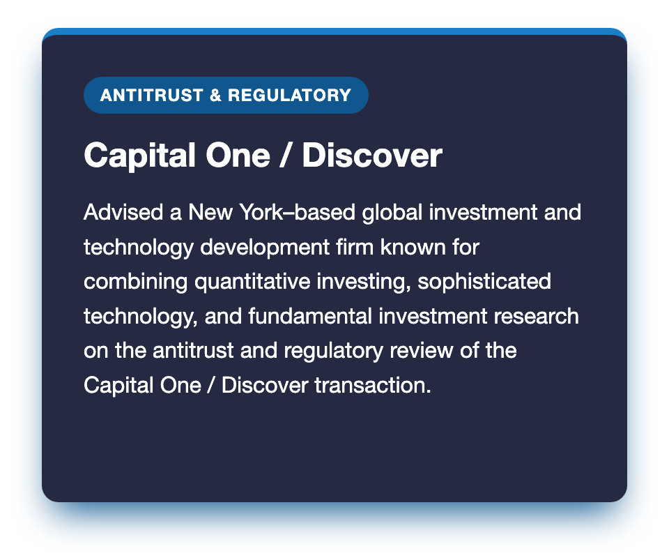 Dark blue card labeled “ANTITRUST & REGULATORY” with Capital One / Discover investment advisory text.