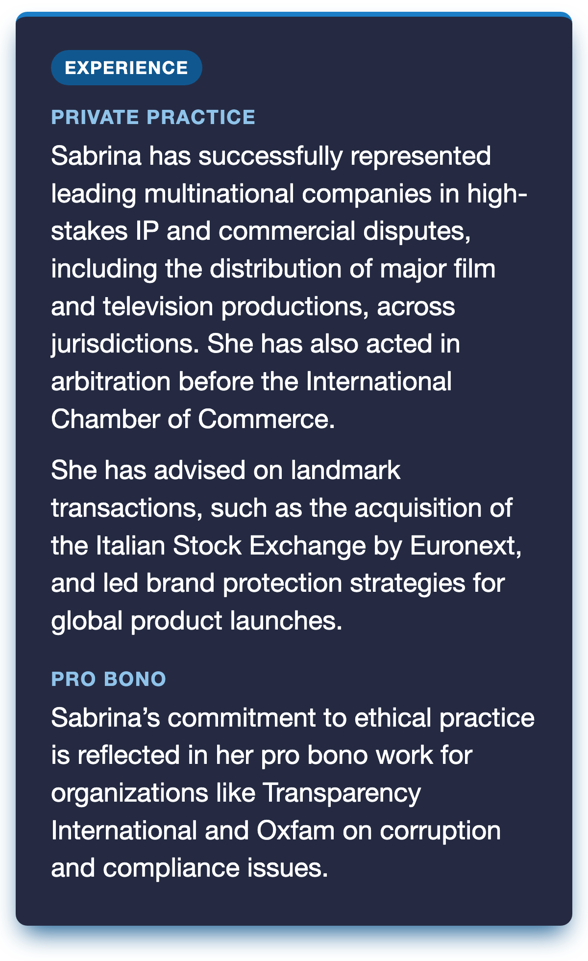 Blue poster with white text listing Sabrina's experience details