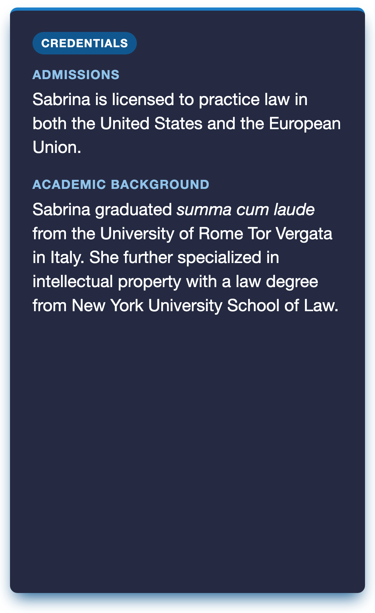 Blue poster with white text listing Sabrina's credentials