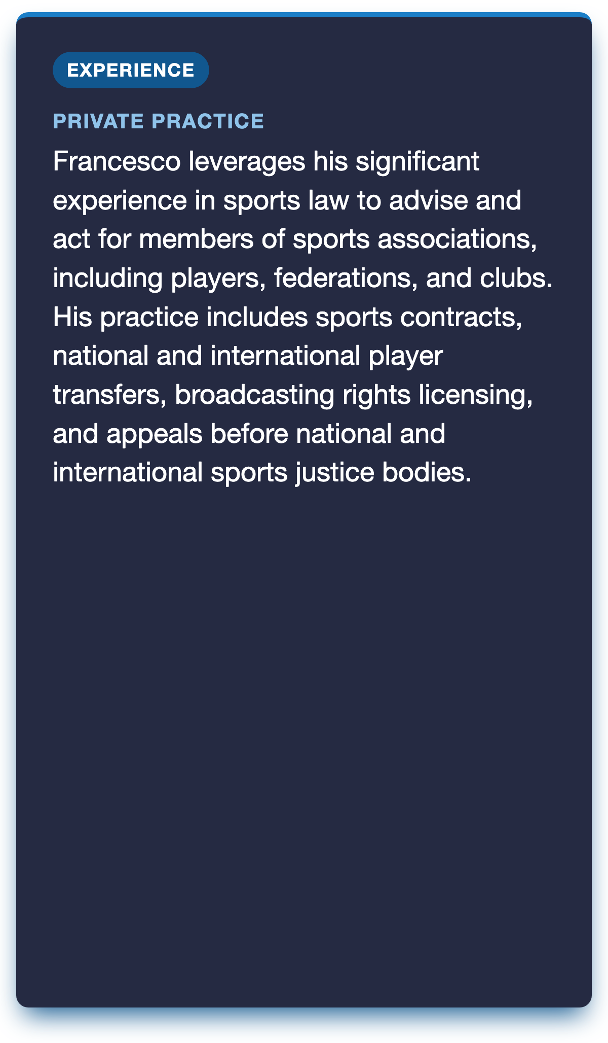 Dark-themed mobile app screen titled experience on Francesco's expertise in sport law