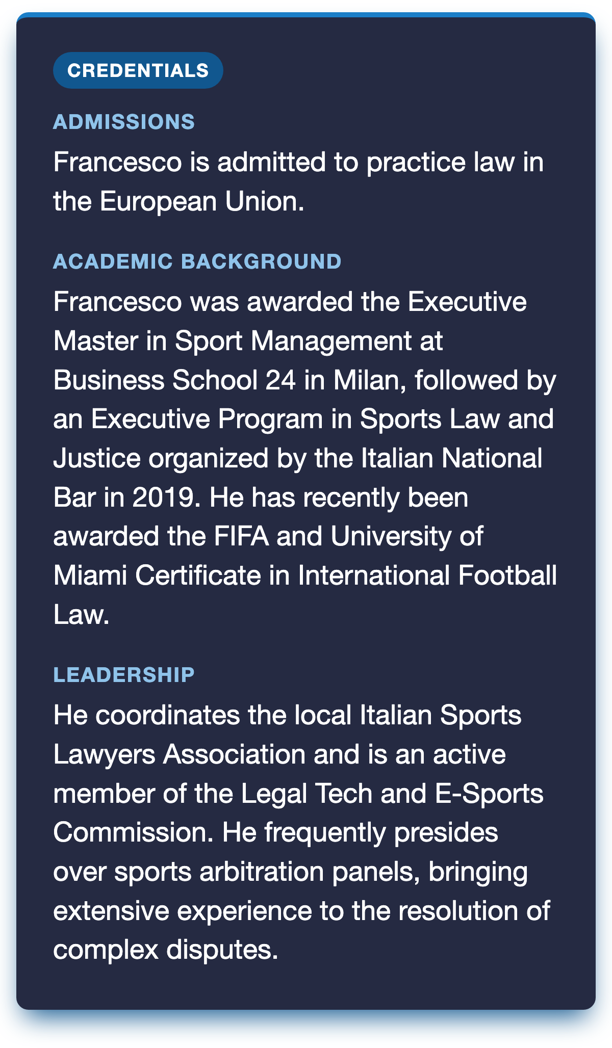 Blue poster with white text on Francesco's attorney credentials