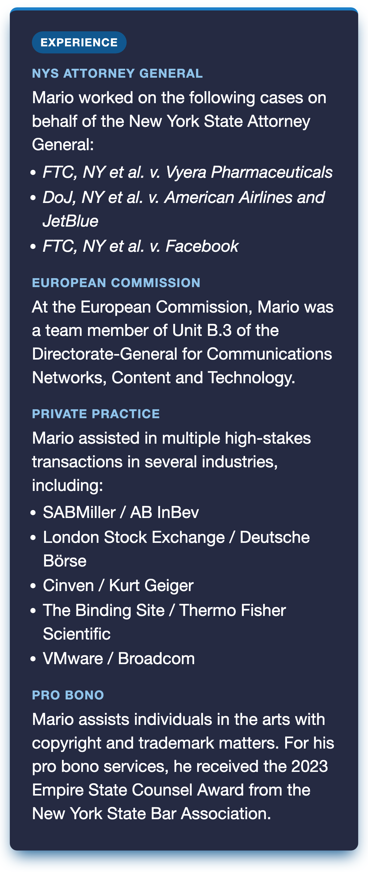 Blue poster with white text listing Mario's experience details
