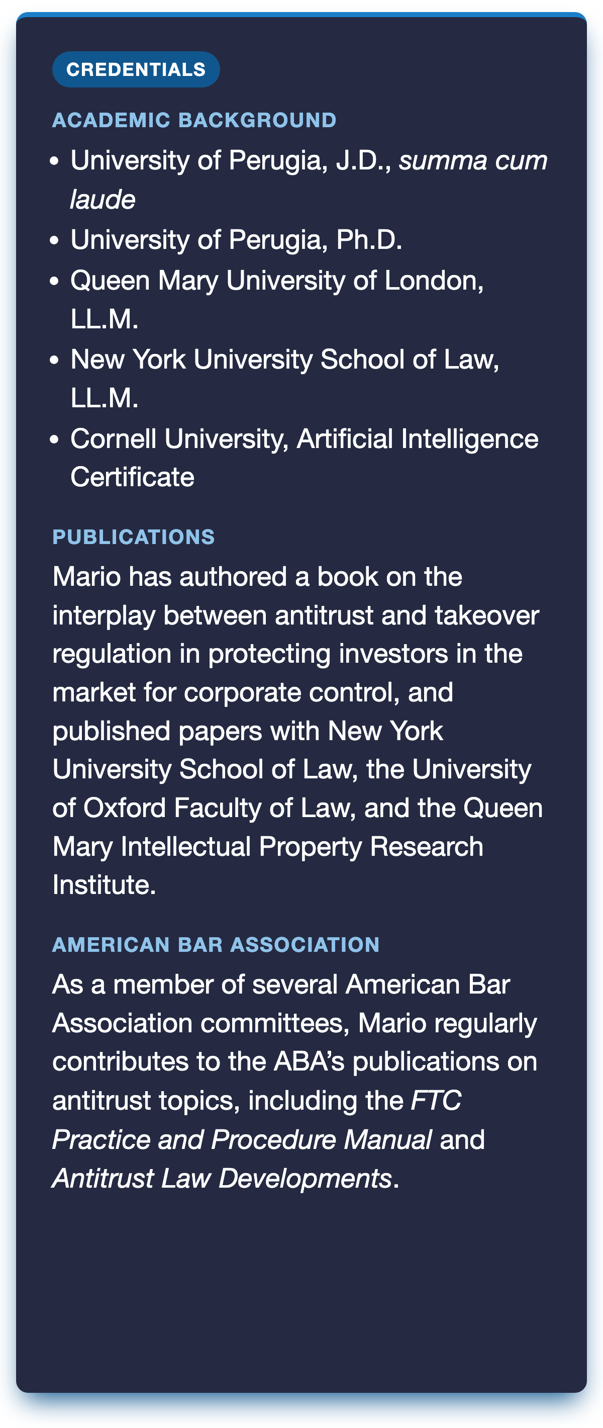 Dark blue flyer listing Mario's credentials