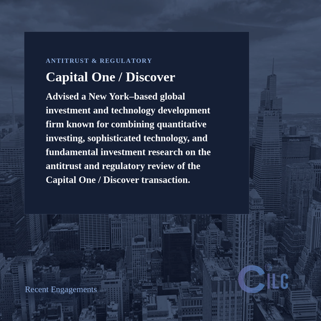 Dark blue cityscape with a text box promoting “Capital One / Discover” advisory services and a CLC logo.