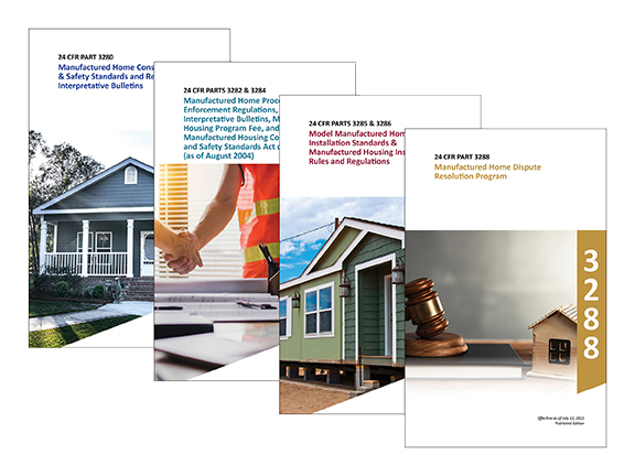 Cuatro cubiertas de libros apiladas relacionadas con casas prefabricadas y regulaciones; incluye ilustraciones y texto.