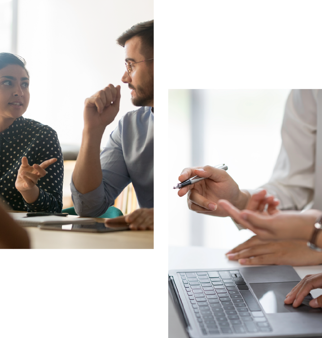Dos escenas de oficina diferentes: una con una mujer y un hombre discutiendo, y otra con manos trabajando en una computadora portátil.