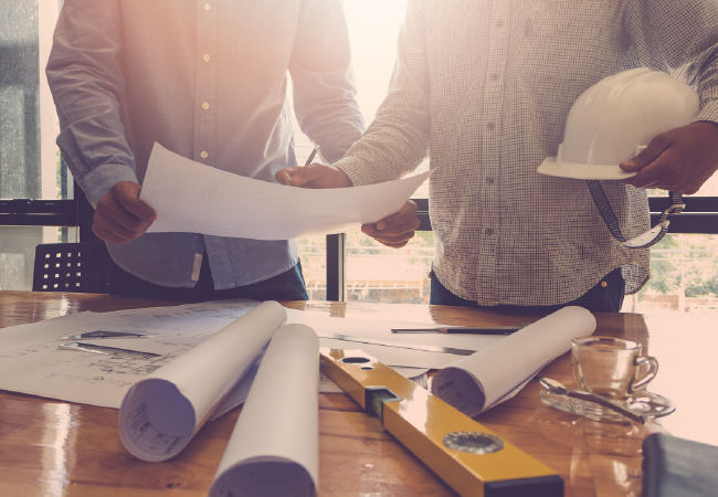 Dos trabajadores de la construcción revisan planos en un escritorio, uno de ellos sostiene un casco.
