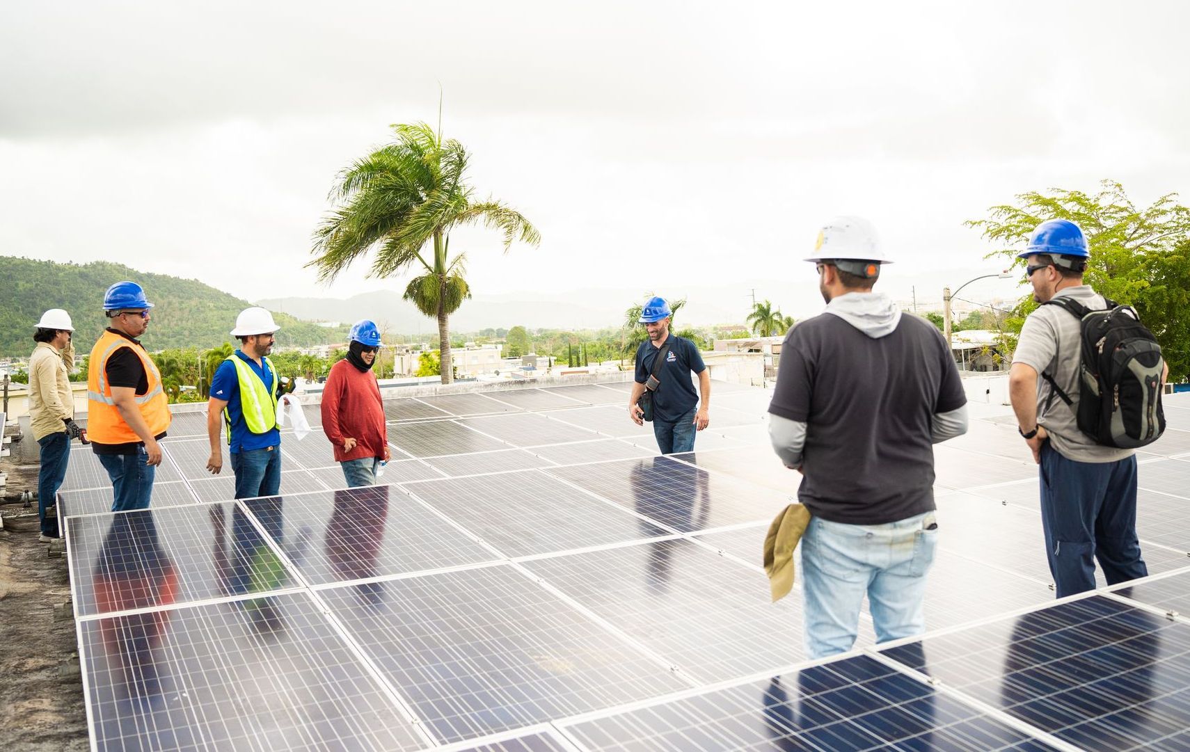 Trabajadores con casco inspeccionan paneles solares en un tejado bajo un cielo nublado. Al fondo se ven palmeras y edificios.