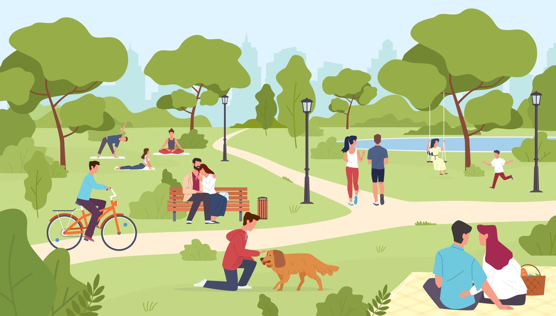 A group of people are having a picnic in a park.