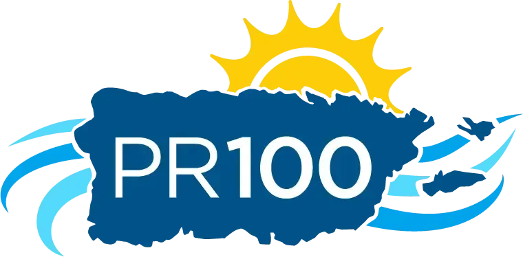 The PR100 logo featuring a sun and wind behind a map of Puerto Rico 