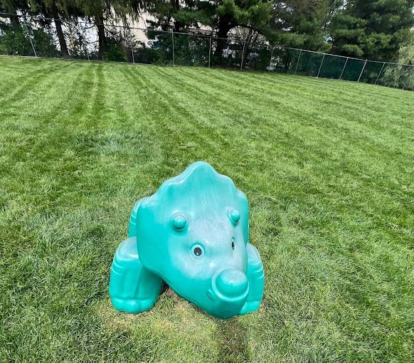 A green toy dinosaur is sitting on top of a lush green field.