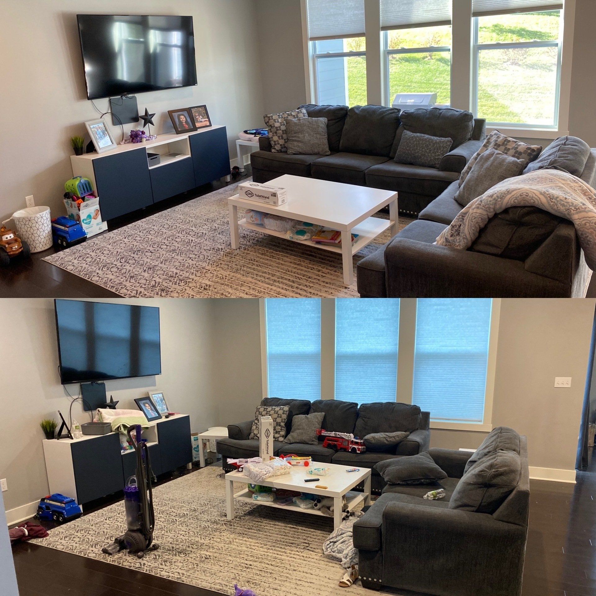 Kansas City, MO — Cleaning Maids In and Out, deep cleaning, top to bottom, housekeeping, maid service, cleaning, clean, cleaners, cleaning company, laundry service, window washing, carpet cleaning, carpet shampooing,Living Room Before and After — Kansas City, MO — Cleaning Maids In and Out