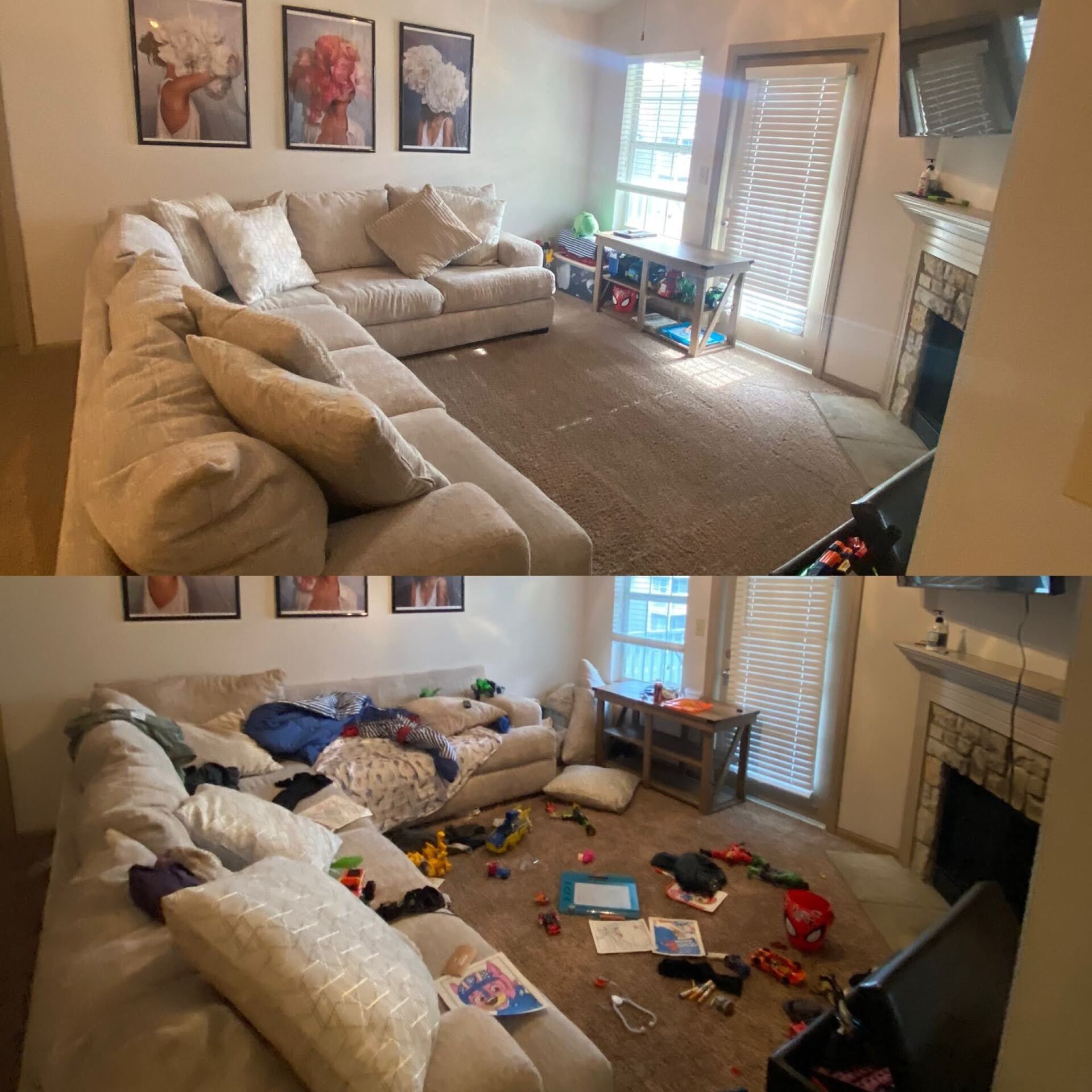 Kansas City, MO — Cleaning Maids In and Out, deep cleaning, top to bottom, housekeeping, maid service, cleaning, clean, cleaners, cleaning company, laundry service, window washing, carpet cleaning, carpet shampooing,Big Room Before and After — Kansas City, MO — Cleaning Maids In and Out