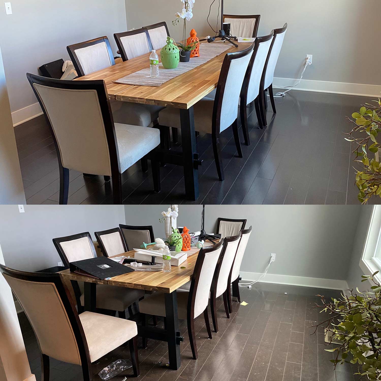 Before and After Dining Area Cleaning — Kansas City, MO — Cleaning Maids In and Out,Kansas City, MO — Cleaning Maids In and Out, deep cleaning, top to bottom, housekeeping, maid service, cleaning, clean, cleaners, cleaning company, laundry service, window washing, carpet cleaning, carpet shampooing,