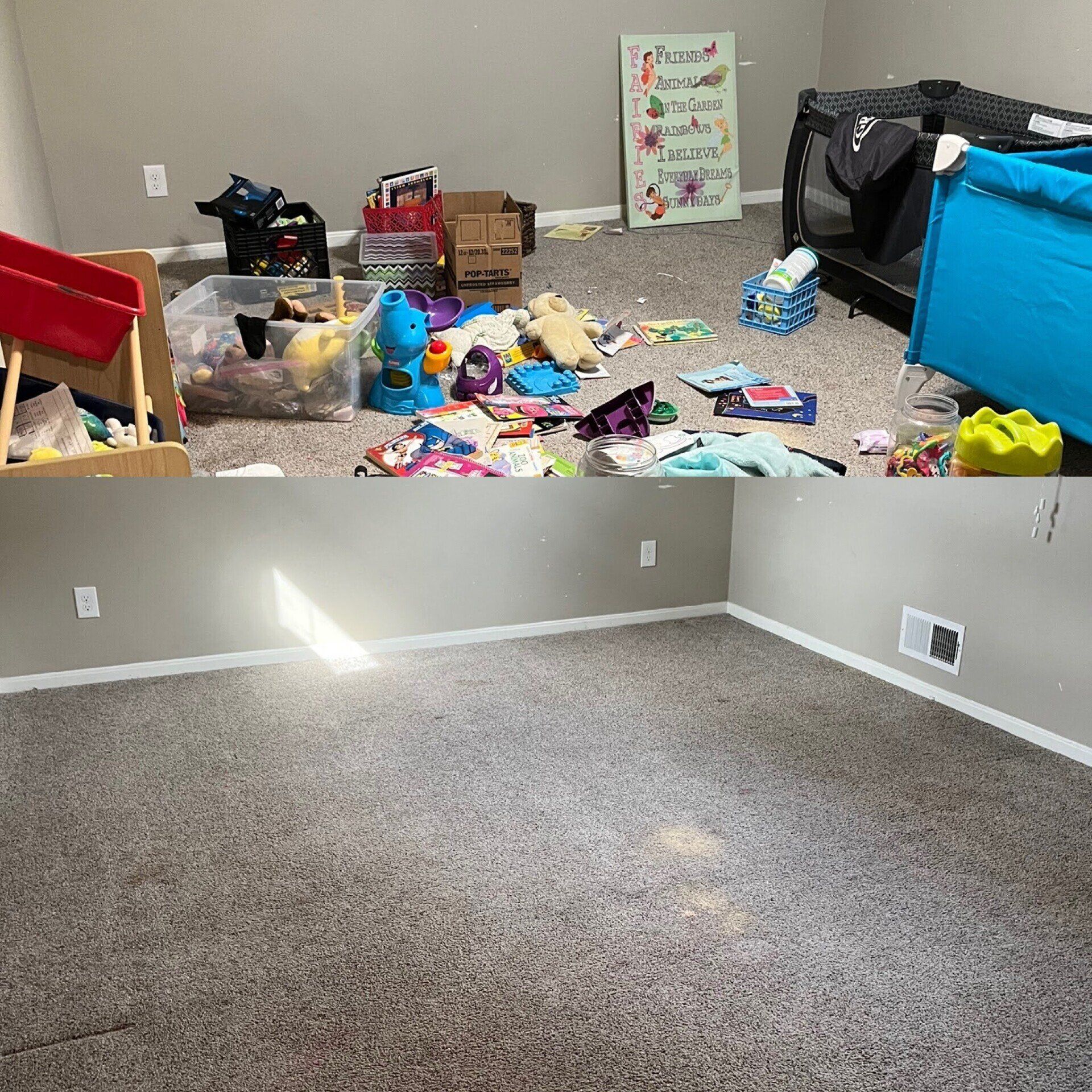 Kansas City, MO — Cleaning Maids In and Out, deep cleaning, top to bottom, housekeeping, maid service, cleaning, clean, cleaners, cleaning company, laundry service, window washing, carpet cleaning, carpet shampooing,Playroom Before and After — Kansas City, MO — Cleaning Maids In and Out