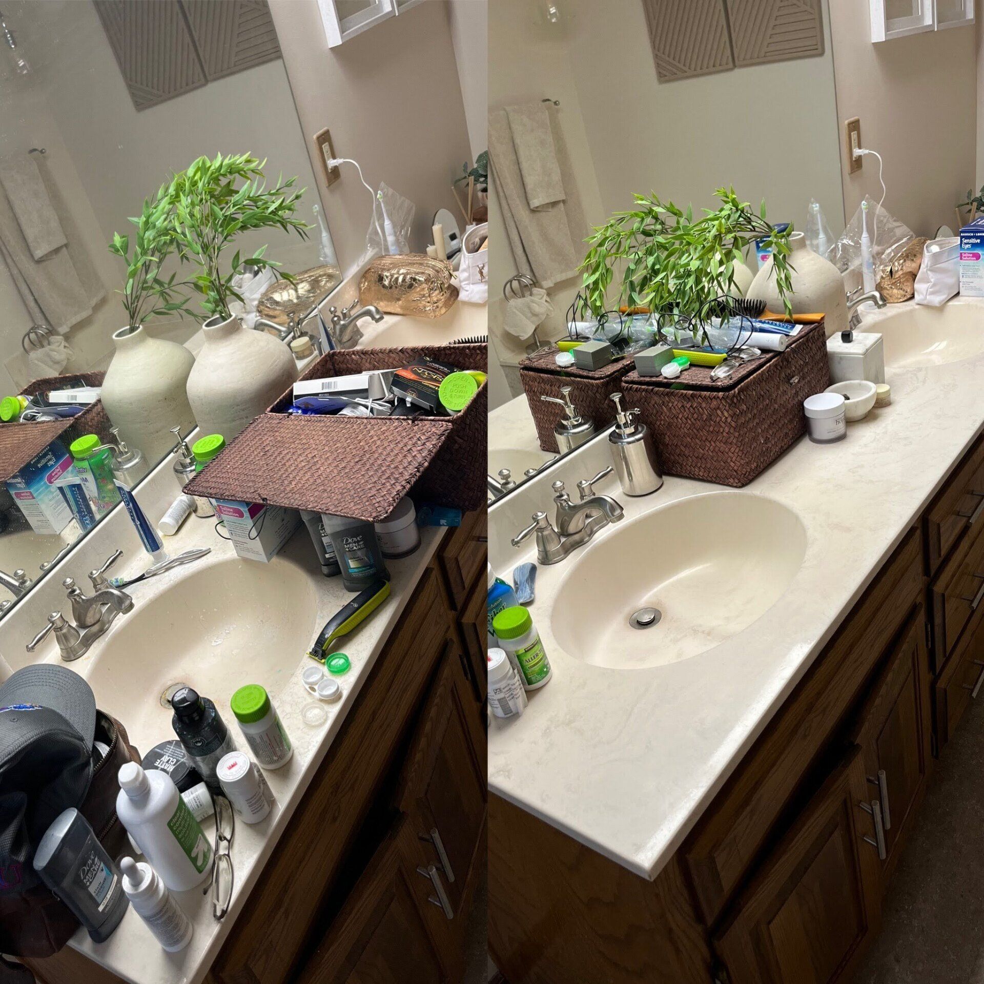 Kansas City, MO — Cleaning Maids In and Out, deep cleaning, top to bottom, housekeeping, maid service, cleaning, clean, cleaners, cleaning company, laundry service, window washing, carpet cleaning, carpet shampooing,Bath Sink Before and After — Kansas City, MO — Cleaning Maids In and Out