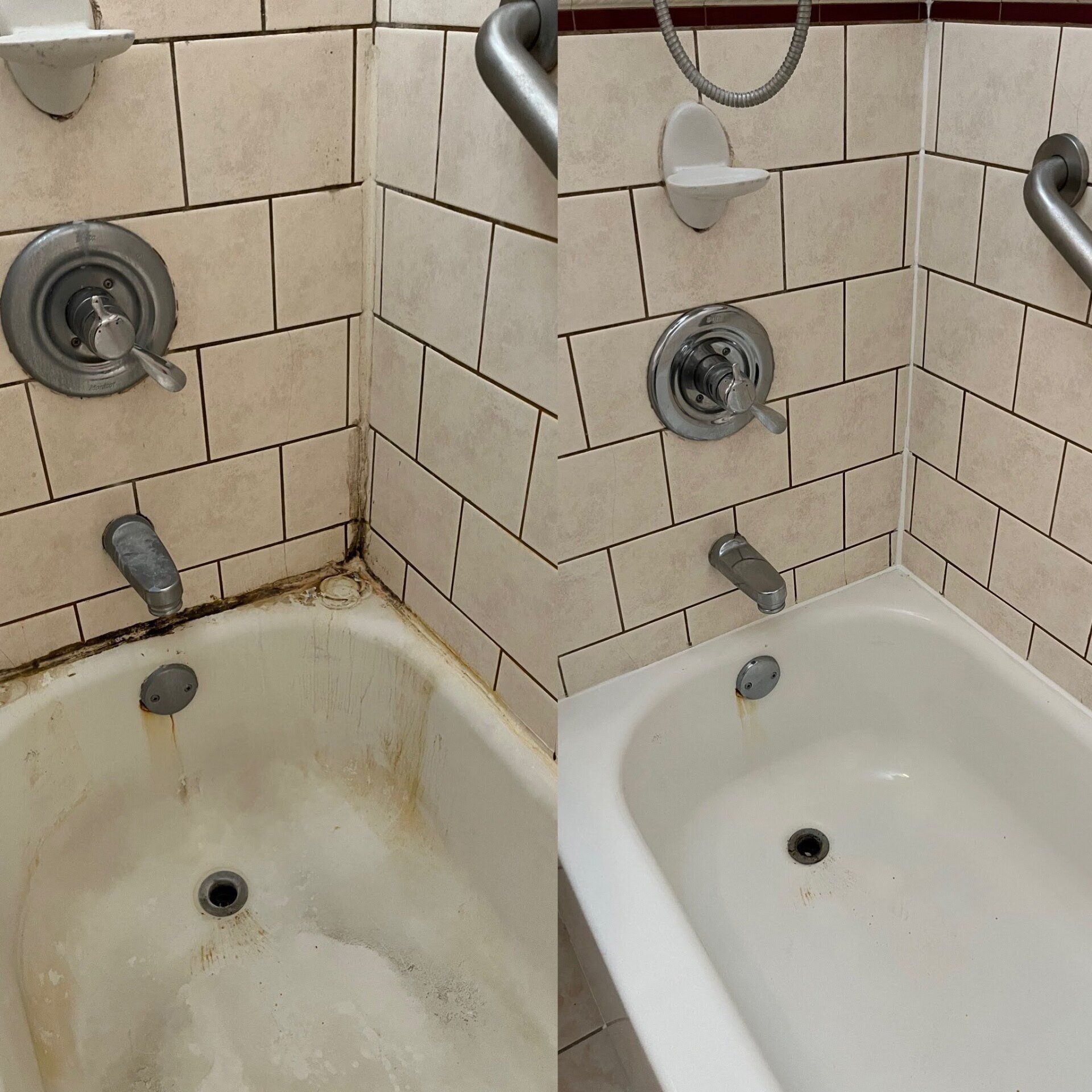 Client Bathtub Before and After — Kansas City, MO — Cleaning Maids In and Out, Kansas City, MO — Cleaning Maids In and Out, deep cleaning, top to bottom, housekeeping, maid service, cleaning, clean, cleaners, cleaning company, laundry service, window washing, carpet cleaning, carpet shampooing,