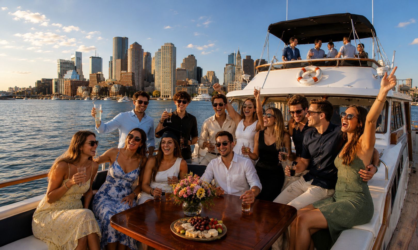 Friends celebrating a birthday and graduation party aboard a private yacht charter on Boston Harbor with skyline views.