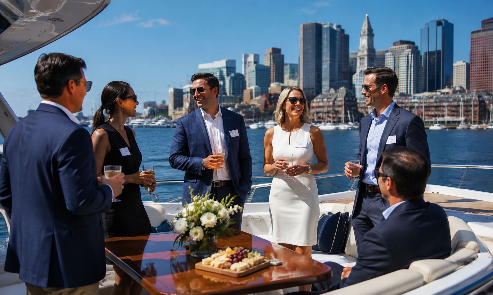 Corporate professionals networking aboard a private yacht charter on Boston Harbor with the Boston skyline in the background.