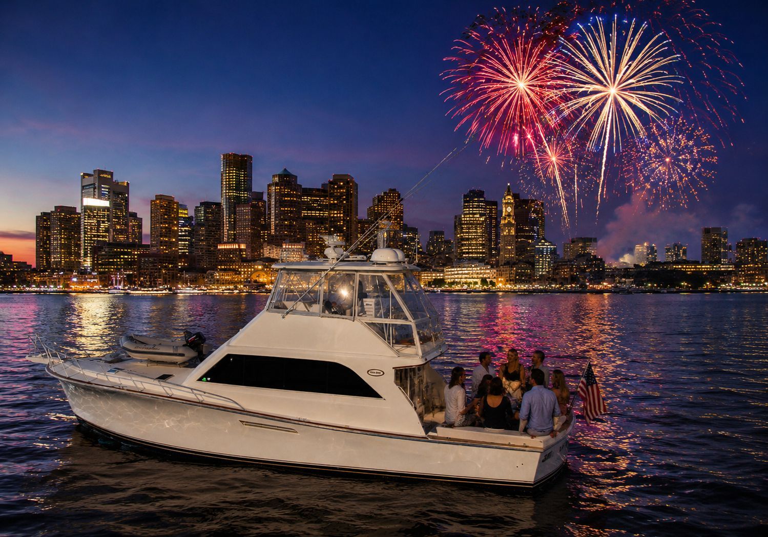 Private yacht charter watching July 4th fireworks on Boston Harbor with the Boston skyline at night.