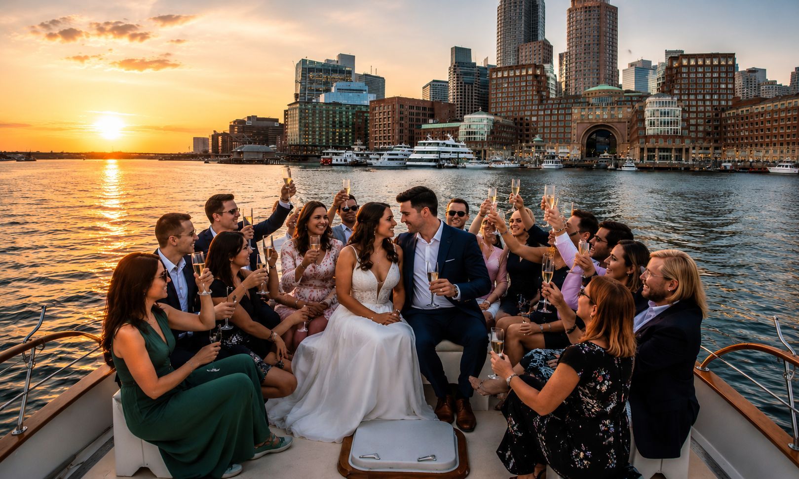 Wedding and engagement party celebration aboard a private yacht charter on Boston Harbor at sunset with Boston skyline views.