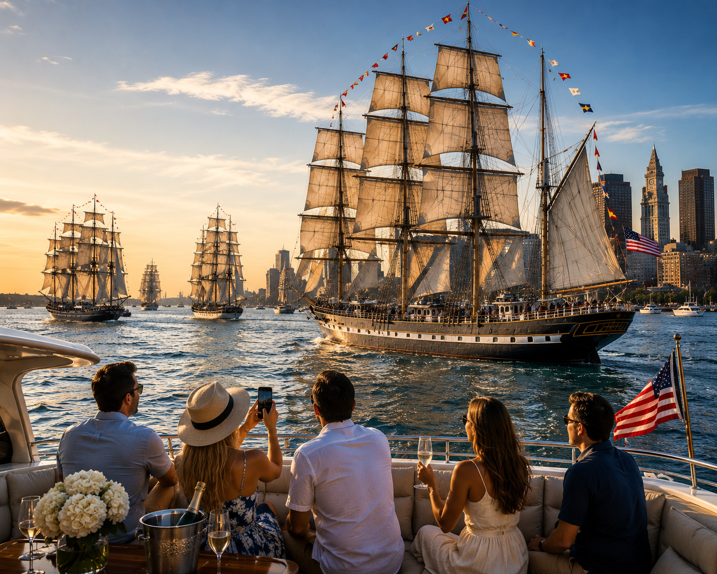 Private yacht guests viewing historic Tall Ships sailing through Boston Harbor during the Boston Harbor 250 Celebration in 2026.
