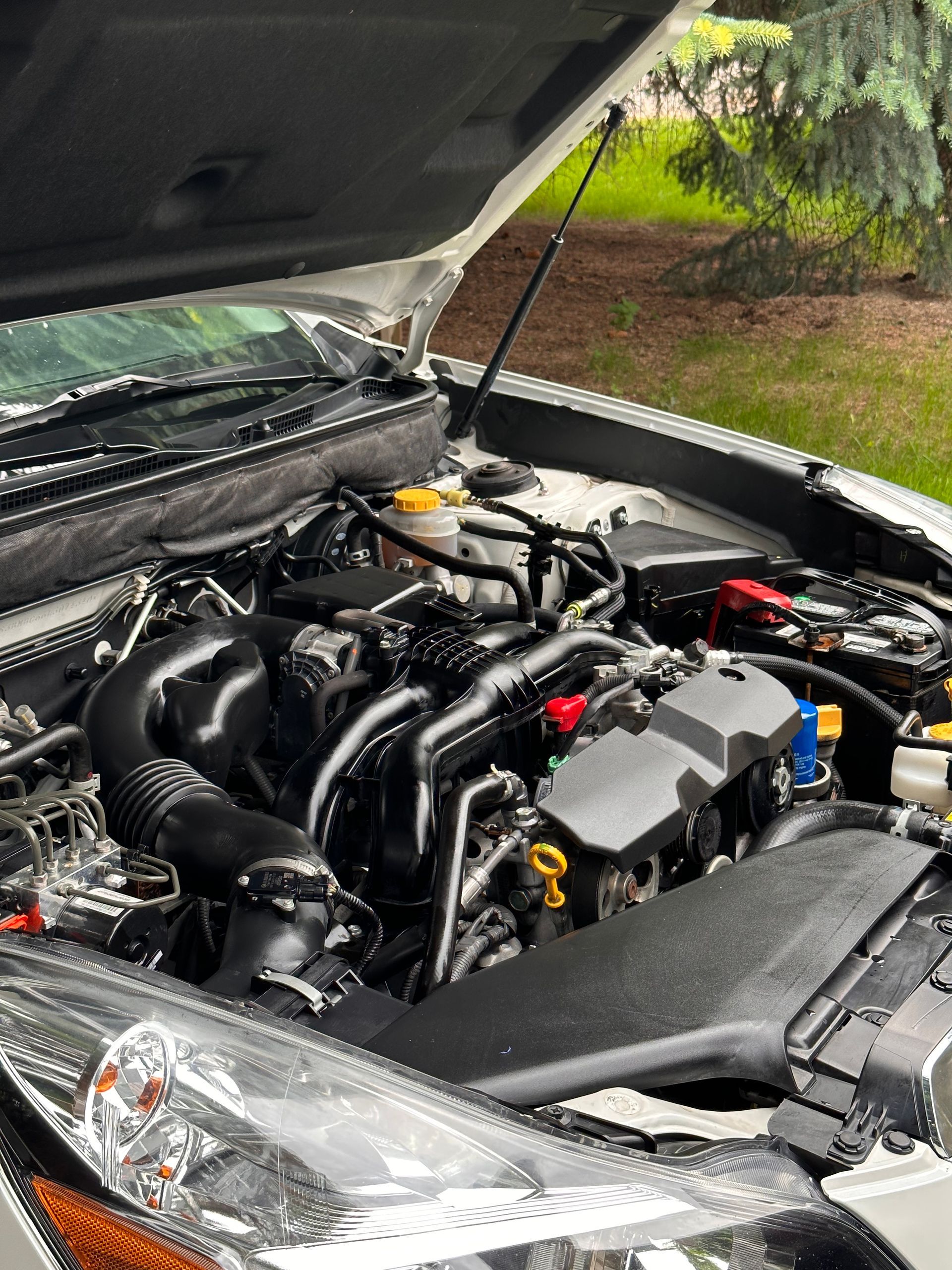 Silver car engine bay with black components and red and blue details.