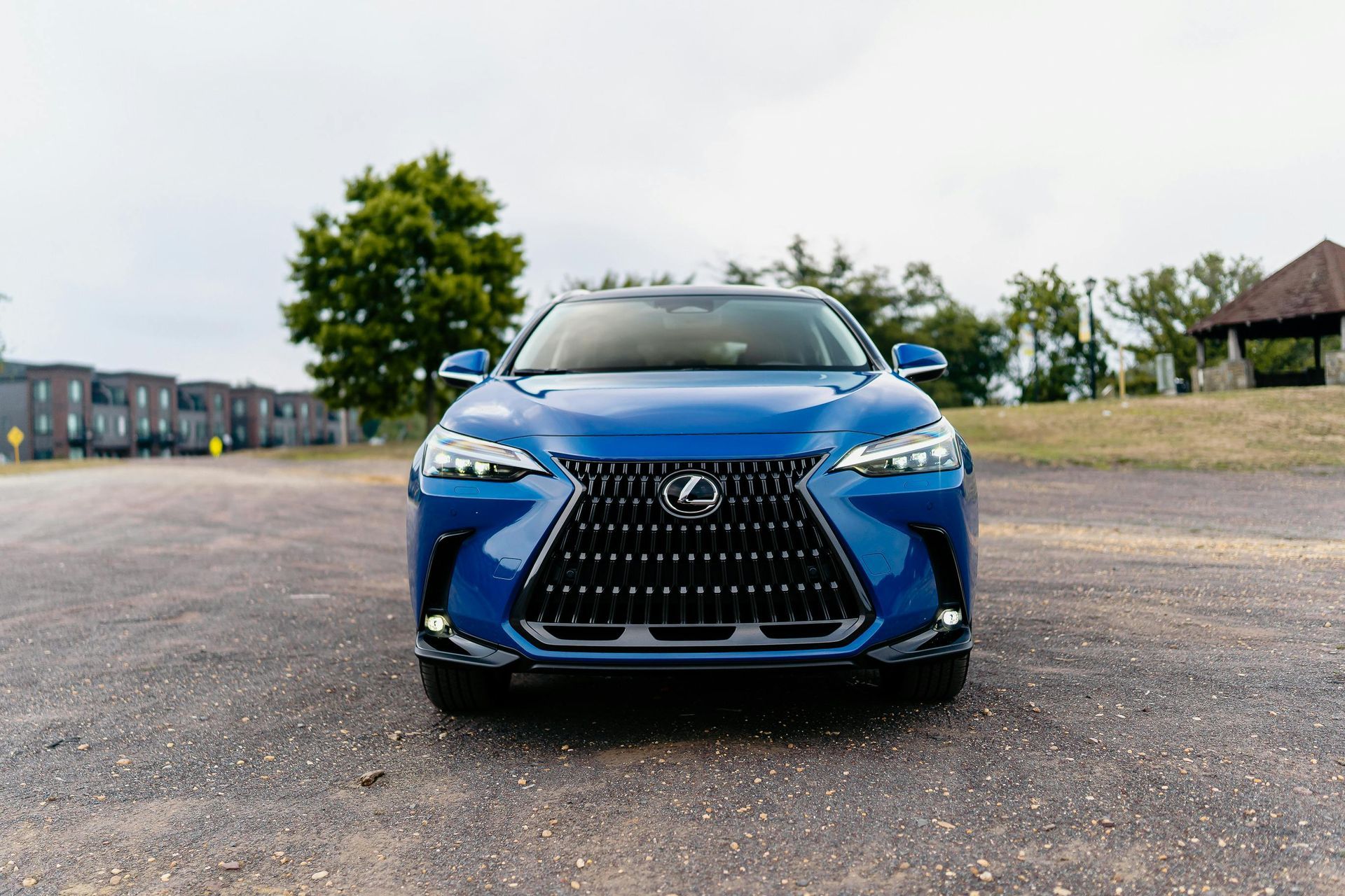 Blue Lexus SUV parked on gravel.