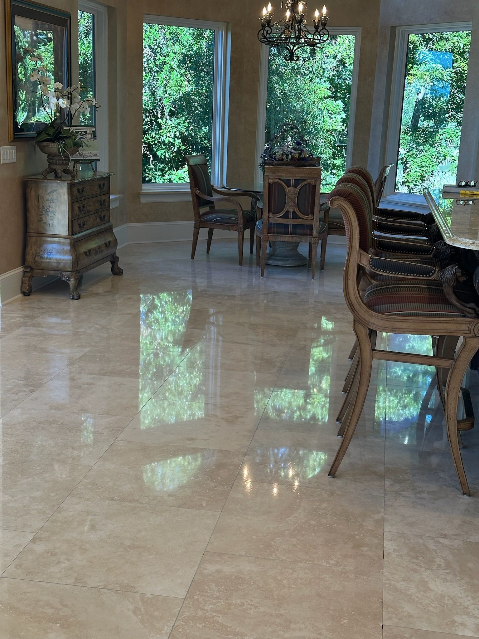 Beige Stone Floor in a Dining Room With Ornate Furniture — Stone Restore by Hoover and Lane in Lowcountry, South Carolina