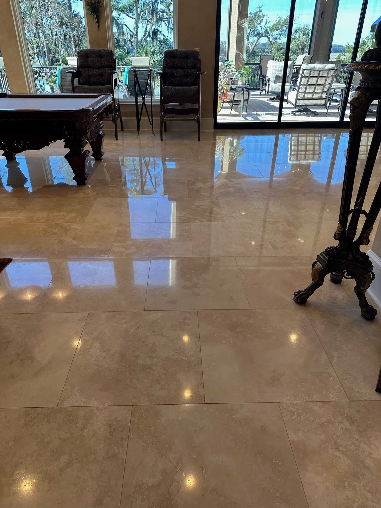 Polished Beige Tile Floor Leading to a Outdoor Patio — Stone Restore by Hoover and Lane in Lowcountry, South Carolina