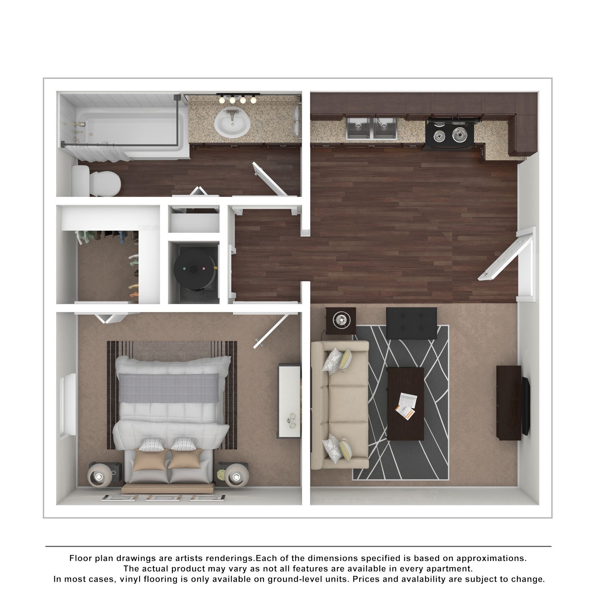 Top-down floor plan of a one-bedroom apartment with an open kitchen, living room, bathroom, and closet space.