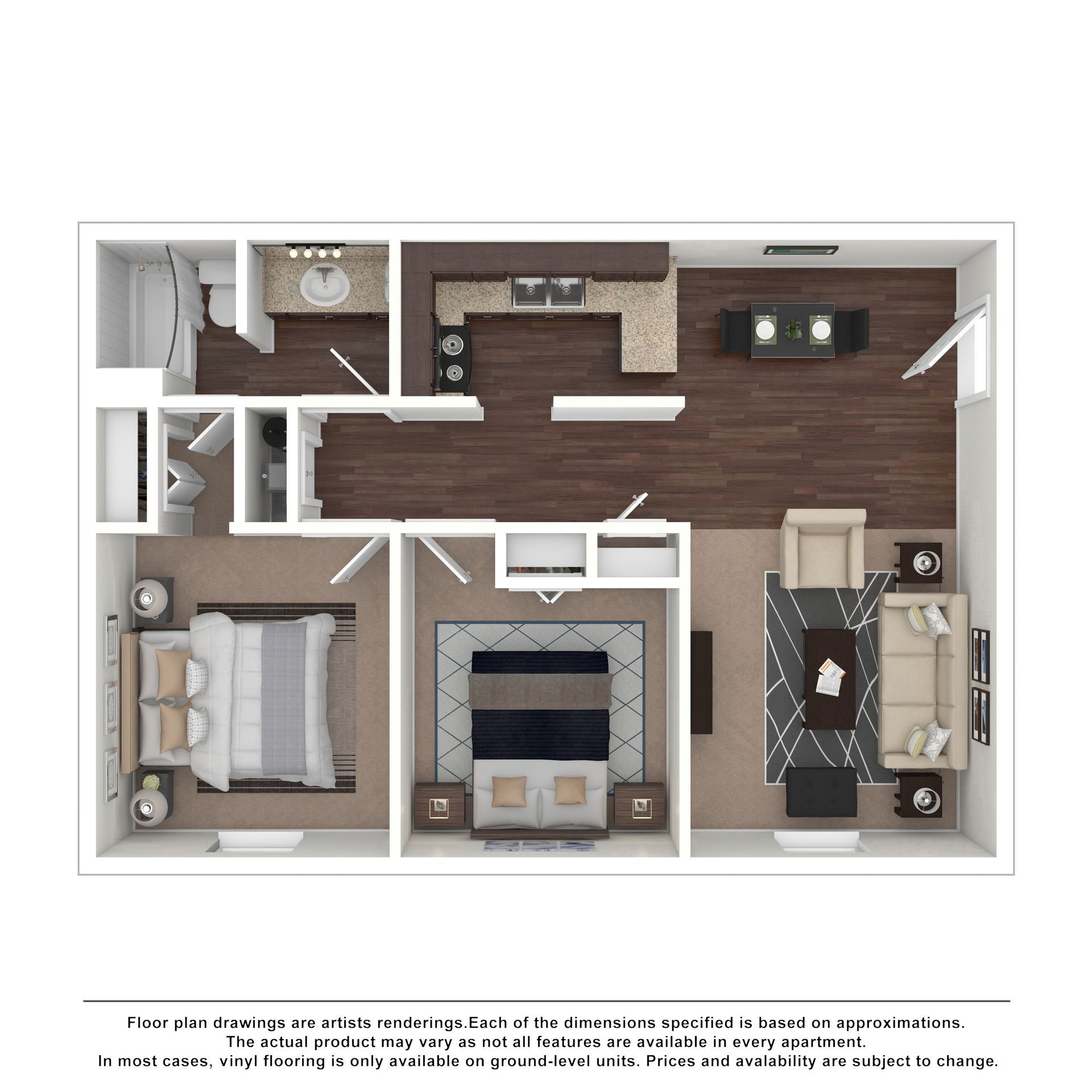 2D floor plan of a two-bedroom apartment with a kitchen, living area, two bathrooms, and wood and carpeted flooring.