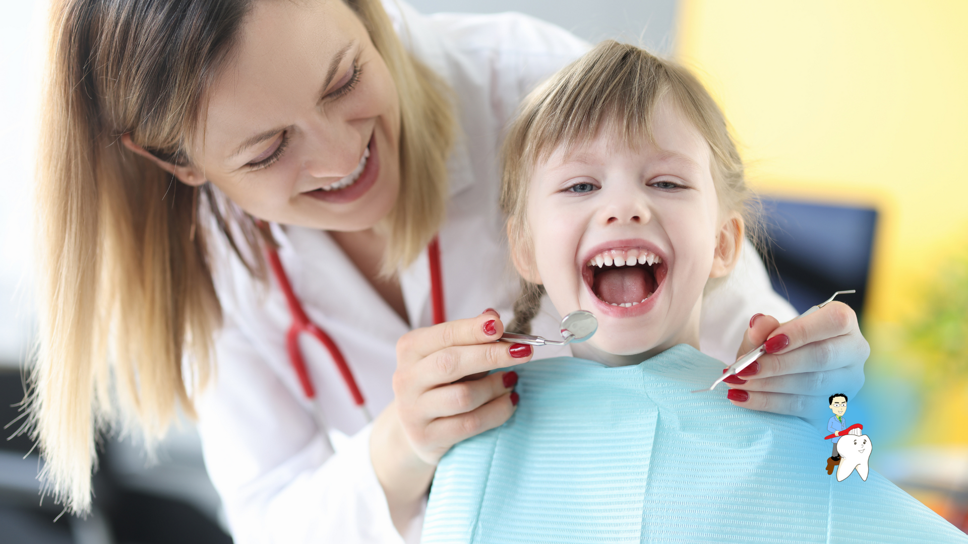 A dentist is examining a little girl 's teeth in a dental office.