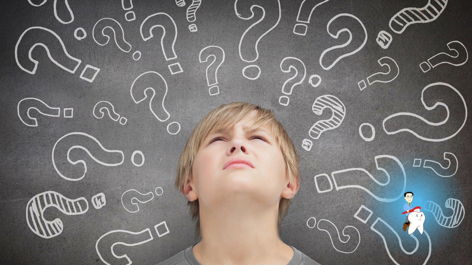 Person looking up at chalk question marks on a gray background, with a small glowing figure at right