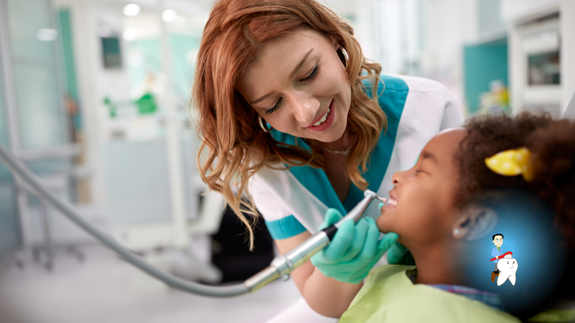 A female dentist is examining a young girl 's teeth in a dental office.