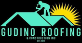Gudino Roofing & Construction Inc logo with turquoise roofline, roofer silhouette, and yellow sunburst