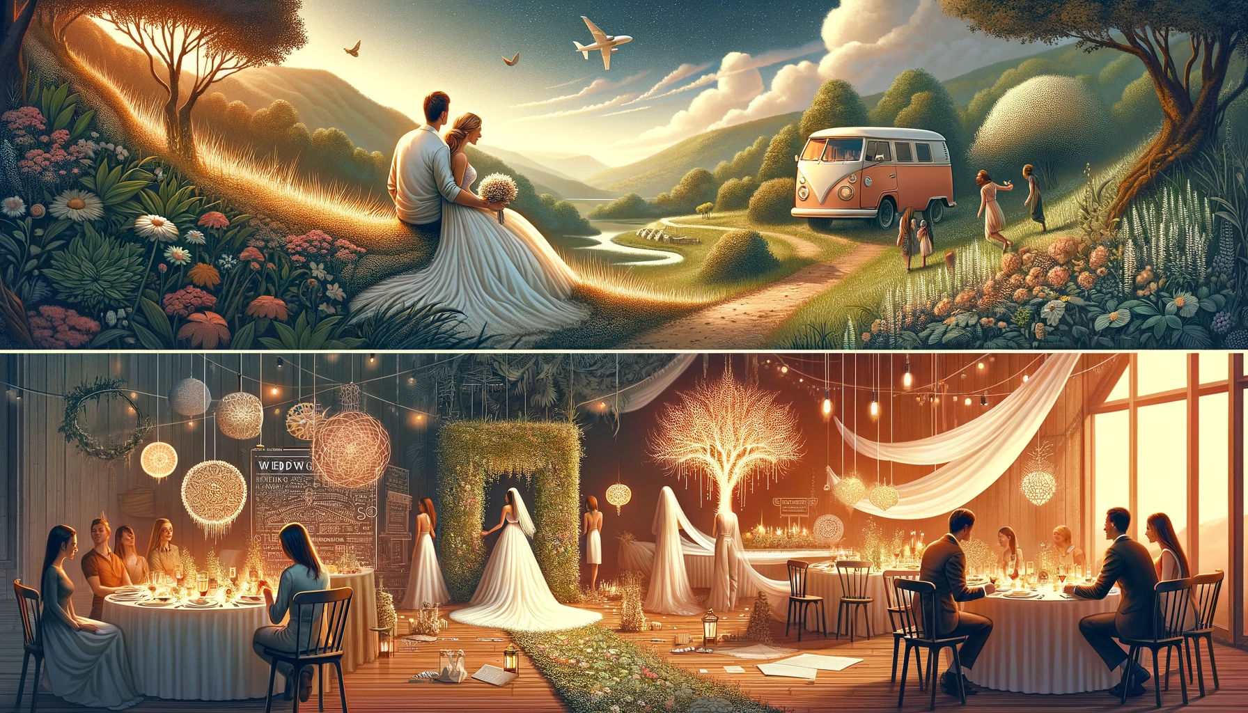 een afbeelding die past bij het thema van een trendy bruiloft, met een combinatie van een intieme microwedding en een meerdaagse viering. Het toont een stel dat geniet van hun speciale dag op een unieke en betekenisvolle locatie, met voorbereidingen voor een groter, feestelijker evenement in de buurt. De afbeelding weerspiegelt creativiteit, persoonlijke betekenis en budgetbewuste planning.
